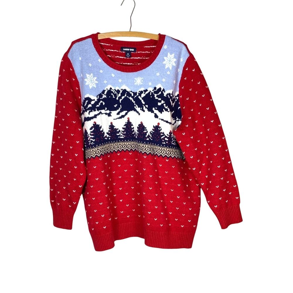 Lands End Nordic Sweater Fair Isle Wool Blend Red Blue 2X